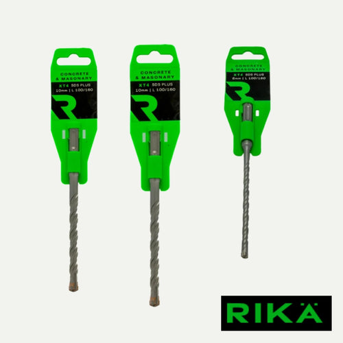 Three green-packaged RIKÄ XT4 4-Cutter SDS Plus Masonry Drill Bits – Various Sizes are displayed upright, highlighting their versatility for a range of drilling needs. These high-quality drill bits from RIKA are engineered for dependable performance in concrete and masonry applications. The RIKA brand logo is visible in the bottom right corner.