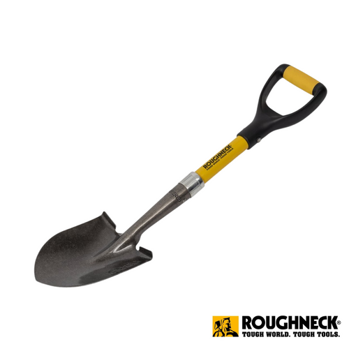 The image features the Roughneck Micro Shovel Round 27,inch highlighting its rugged fibreglass handle in bold black and yellow. The durable, curved metal blade emphasizes its robust nature. The distinctive Roughneck logo appears at the bottom right, alongside the slogan Tough World. Tough Tools.