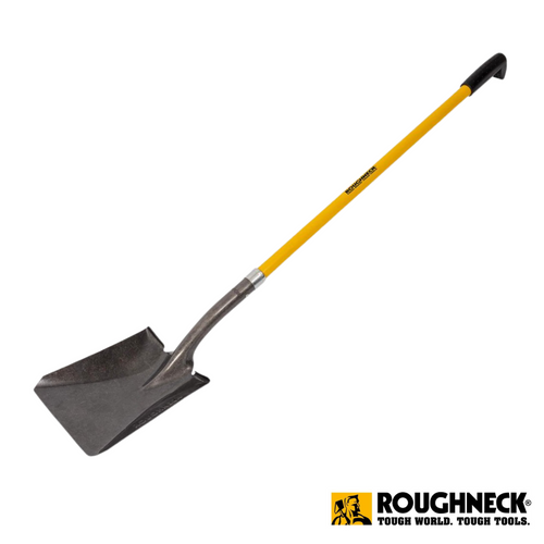 The Roughneck Long Handled Shovel Square 57 1/2″ boasts a durable carbon steel blade and comes equipped with a yellow fiberglass handle featuring a black grip, with the distinguished Roughneck logo displayed in the bottom right corner.