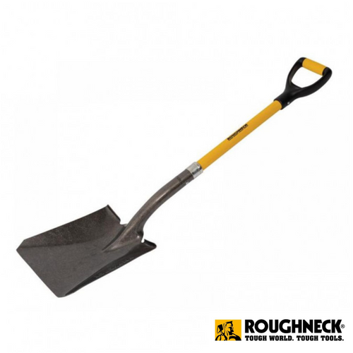 Introducing the Roughneck- Shovel - Square 42”, a robust tool designed with a sturdy yellow fibreglass handle and a comfortable black grip. It features a heavy-duty, wide, flat metal blade ideal for rigorous tasks. The Roughneck brand logo and the slogan “Tough World. Tough Tools.” are prominently displayed in the bottom right corner.