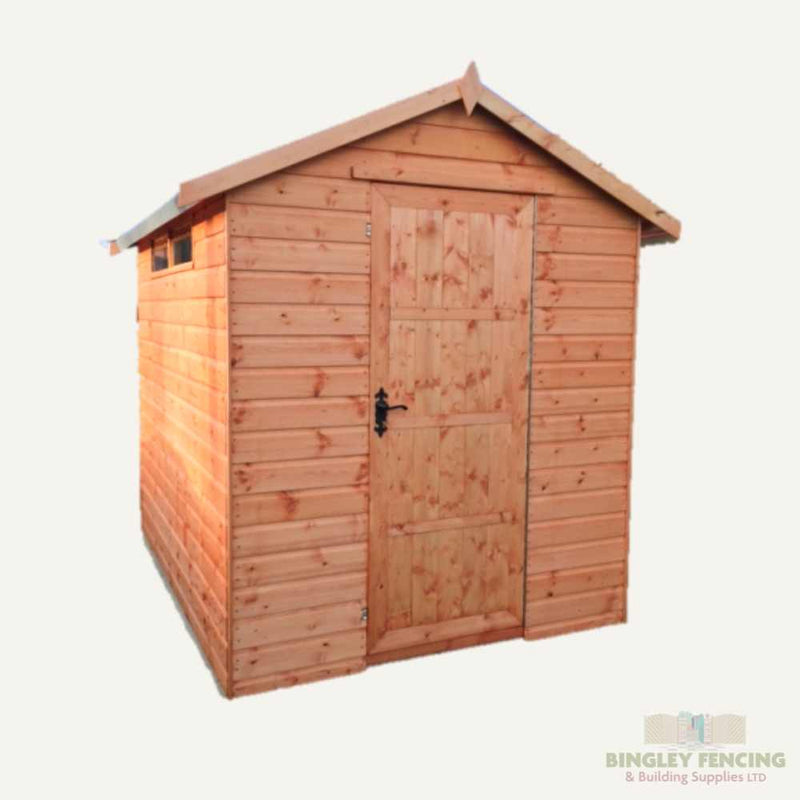 Load image into Gallery viewer, A compact, solid wooden garden shed with a gabled roof featuring a single door enhanced by a morticed lever lock for added security. Made of horizontal planks, it includes a small window against a light gray backdrop. Bingley Fencing logo is at the bottom. Product: Security Shed - Apex.
