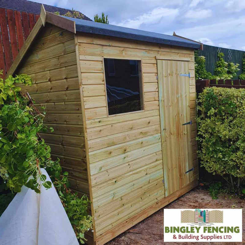 Load image into Gallery viewer, A lush garden surrounds The Hipex Shed, a wooden structure with a slanted roof, ideal for storage and utility. It is equipped with a single door and a window. In the bottom right corner, the logo of Bingley Fencing can be seen.