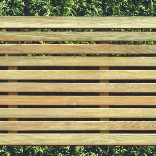 Load image into Gallery viewer, The KDM Slatted Fence Panels, designed with a contemporary slatted pattern and horizontal planks, offer privacy and security against a backdrop of dense green foliage.