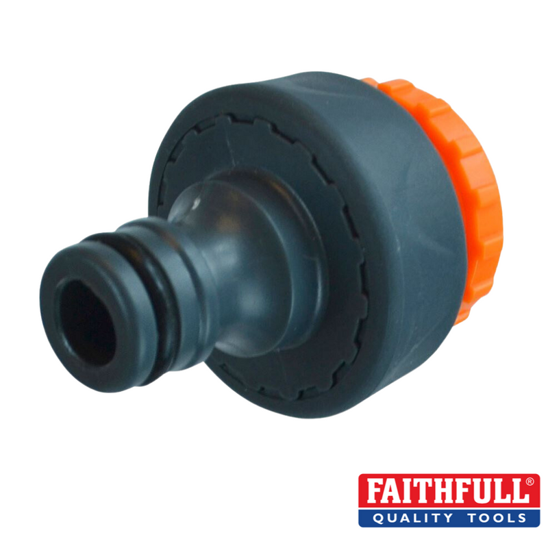 Load image into Gallery viewer, A quick-release, black and orange plastic tap hose connector, suitable for use with 3/4in & 1/2in BSP threaded taps, proudly displaying the Faithfull brand logo in the bottom right corner.