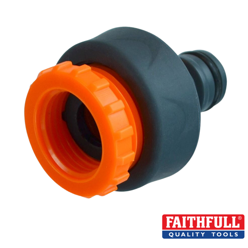 Load image into Gallery viewer, Close-up of an orange and black Plastic Tap Hose Connector, branded with the Faithfull logo in the bottom right corner. This quick-release fitting is designed for secure attachment to 3/4in & 1/2in BSP threaded taps.