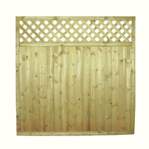 The KDM Reduced 5ft High Tongue & Groove Lattice Top Fence Panel (TGLT150) features vertical planks below and a decorative diamond lattice above, shown against a plain light background.