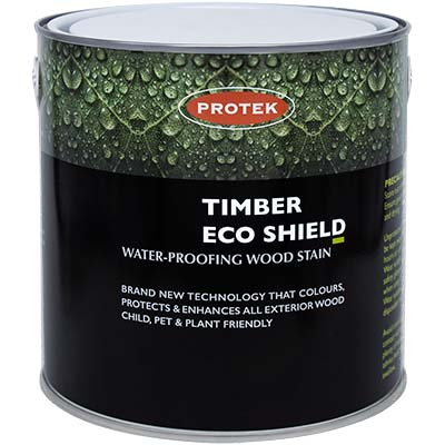 Load image into Gallery viewer, A 2.5-liter can of Protek Timber Eco Shield, available in various colors, features a green and black label highlighting that it is Child, Pet & Plant Friendly and Protects & Enhances All Exterior Wood. This waterproof wood stain finish also includes a water droplets graphic.