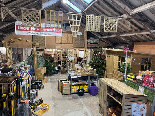 Internal view of Bingley fencing timber and hardware store showing tools, fixings, fence panels