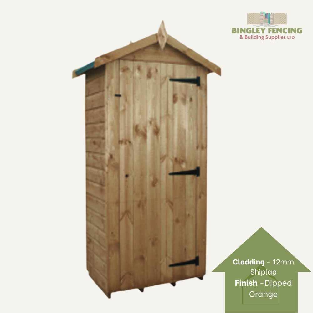 Tall Tool Tower with a pointed roof features two black hinges on the right side of the door, making it ideal for tool storage. The 12mm shiplap cladding is finished in dipped orange. The Bingley Fencing logo is displayed in the top right corner.