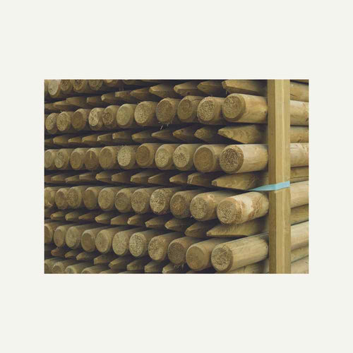 A stack of Bingley Fencing's Tree Stake - Machine Round Spiked Fence Posts, measuring 3 inches in diameter and 8 feet in length, is neatly arranged in multiple horizontal rows, secured with a blue strap. The ends of the posts are visible, displaying circular cross-sections. Crafted from tanalised treated wood, the surface appears smooth and uniform in color.