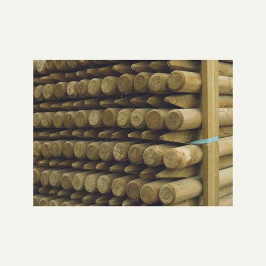 A stack of Bingley Fencing's Tree Stake - Machine Round Spiked Fence Posts, measuring 3 inches in diameter and 8 feet in length, is neatly arranged in multiple horizontal rows, secured with a blue strap. The ends of the posts are visible, displaying circular cross-sections. Crafted from tanalised treated wood, the surface appears smooth and uniform in color.