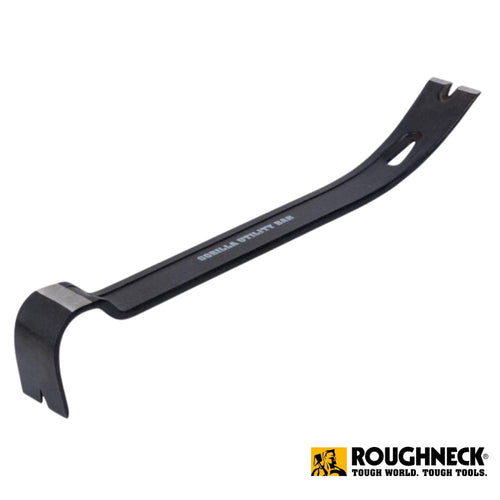 The Roughneck Gorilla Utility Bar™ 381mm (15in) - #64-497, constructed from hardened steel, showcases a black curved design with a claw on one end and a flat wedge on the other for tasks such as pulling nails and separating material. The distinctive characteristics include the Roughneck Tough World Tough Tools inscription and a gorilla logo displayed in one corner.