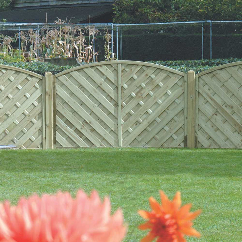Load image into Gallery viewer, The KDM V Arched Solid European Fence Panel with lattice and arched tops borders a neat lawn. Pink and orange flowers bloom in front, while a garden and plants grow behind the wooden KDM fencing.