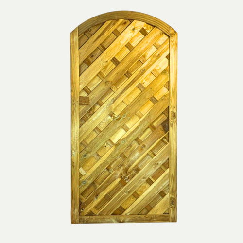 The KDM 'V’ – Arched Euro-Gate (VAG180) features a light-colored European timber build with an arched top and diagonal lattice pattern, shown against a plain white background.