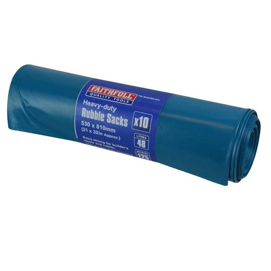 A roll of blue heavy-duty rubble sacks labeled Bingley Fencing, measuring 530 x 810mm. Ideal for builders, these Faithful- Rubble Sacks are perfect for building waste disposal or even garden waste bags. Each pack contains 10 sacks with a 48-liter capacity.