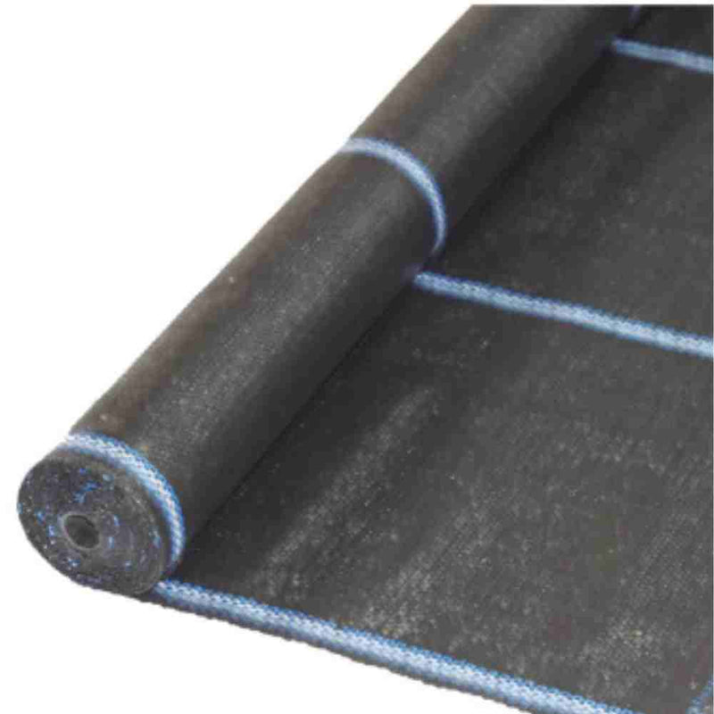 Load image into Gallery viewer, A partially unrolled roll of Bingley Fencing's Weed/Ground Control Fabric 80GSM - 15m, showcasing its textured surface with UV stabilization and distinct blue grid lines. This black landscape fabric offers a 25-year guarantee for durable weed suppression in your garden projects.