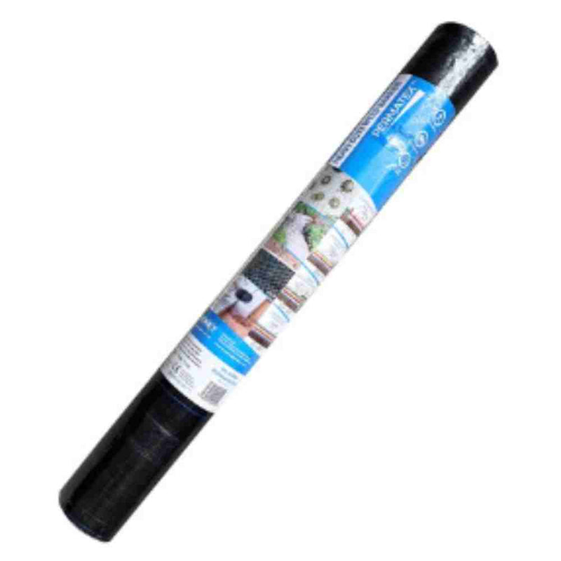 Load image into Gallery viewer, The Bingley Fencing Weed/Ground Control Fabric 80GSM - 15m is a UV-stabilized, black fabric with a 25-year guarantee, featuring a label with images and text regarding its applications in gardening and landscaping. The neatly rolled fabric emphasizes its cylindrical shape, making it an ideal solution for effective weed suppression.