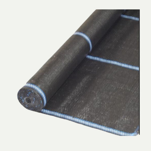 A partially unrolled roll of Bingley Fencing's Weed/Ground Control Fabric 80GSM - 15m, showcasing its textured surface with UV stabilization and distinct blue grid lines. This black landscape fabric offers a 25-year guarantee for durable weed suppression in your garden projects.