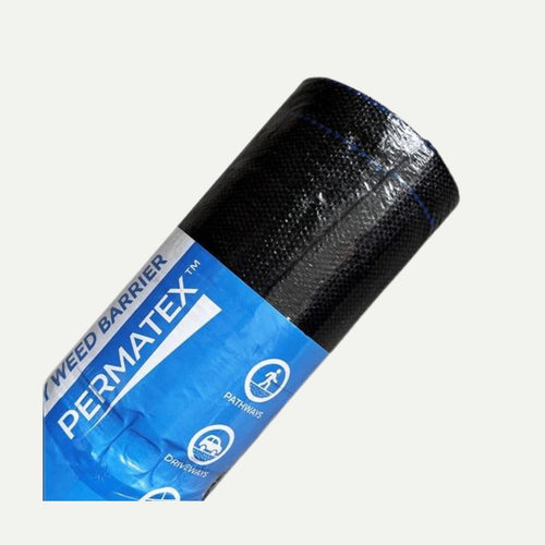 A close-up of a rolled-up black Bingley Fencing Weed/Ground Control Fabric 80GSM - 15m, in blue and white packaging, ideal as a garden weed suppressant for pathways and driveways.