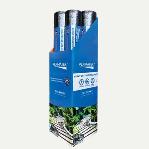 A blue display stand holds several rolls of Bingley Fencing Weed/Ground Control Fabric 80GSM - 15m. The packaging highlights long-lasting weed suppression and a durable 25-year lifespan for effective garden ground control.