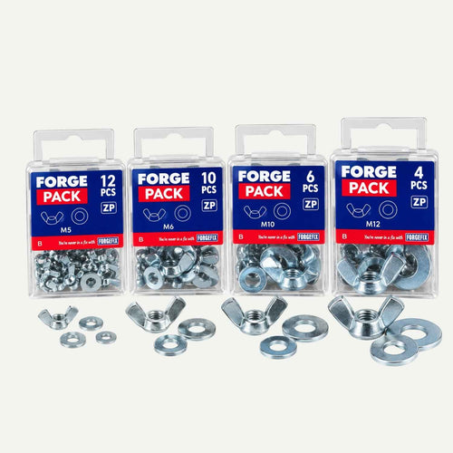 Four plastic containers of Forgefix Zinc Plated Wing Nuts & Washers – Various Sizes FOR GRACE in M5, M6, M10, and M12, with samples of the zinc-plated wing nuts and matching washers displayed in front.