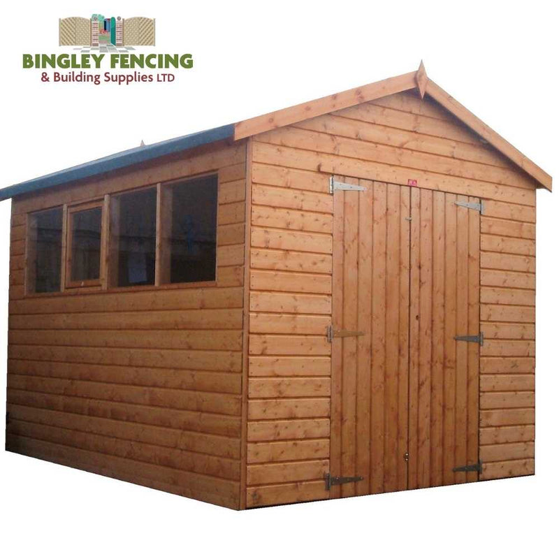 Load image into Gallery viewer, Introducing "The Workshop - Speciality Shed" by Bingley Fencing! This customizable wooden garden shed features a slanted roof, three windows on one side, and a double door. Ideal for use as a workshop, it proudly displays the Bingley Fencing logo in the top left corner.