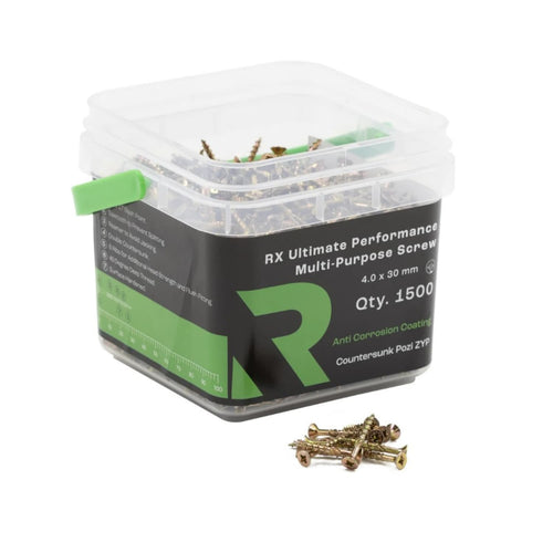 A clear plastic tub labeled RIKA RX Multi-Purpose Screws 4.0 x 30mm – 1500 Pack with 1500 construction screws inside, and a small pile of loose screws in front.