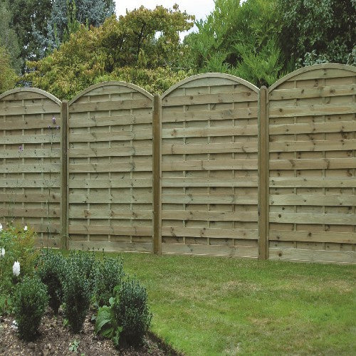 Load image into Gallery viewer, A garden showcases KDMs Arched Horizontal Fence Panel - AH180 along a grassy lawn edge. Neatly trimmed shrubs and a small flower bed sit in the foreground, while tall trees enhance its European charm.