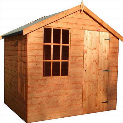 Load image into Gallery viewer, The Cabin Shed by Bingley Fencing is a compact wooden shed featuring a pitched roof, a grid-paned window, and a closed door with sturdy metal hinges. Its horizontal wood panels have a natural finish and are part of our Euro Range collection. Customize your made-to-order shed today, with an easy payment plan available!