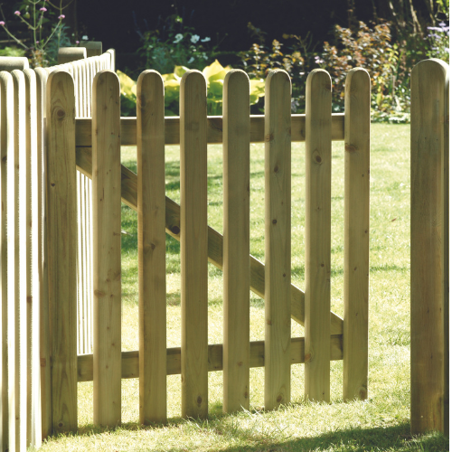 wooden gate with rounded picket style  boards