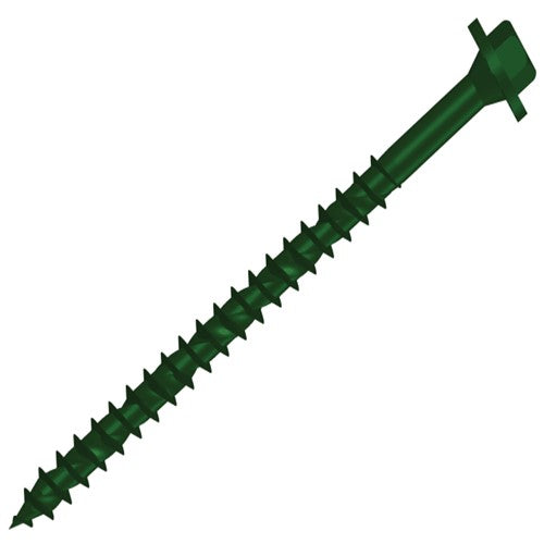 Load image into Gallery viewer, A Forgefix Timber Screw in green, designed with a hexagonal head and a pointed, threaded body, is compatible with Hex/TORX® tools for medical use. The image showcases the screw's corrosion-resistant properties in full detail against a white background.