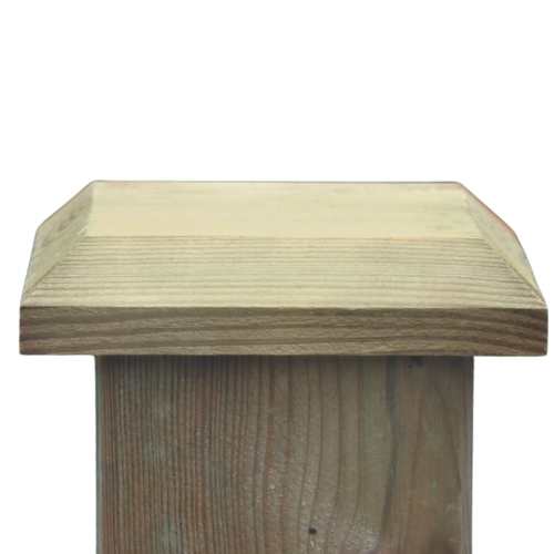 Load image into Gallery viewer, This square, pressure-treated wooden post features a beveled top and highlights natural grain patterns with a light brown finish. It is sturdy and suitable for fencing or structural support. Enhance its visual appeal and protect it by adding decorative finishes or Bingley Fencing's Fence Post Caps available in various sizes.
