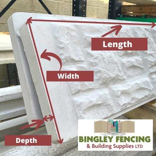 Concrete gravel board with a brick face texture, including red arrows to show the dimensions: length, width, and depth. The Bingley Fencing logo is prominently displayed in the corner, highlighting their durable fence panels designed for increased protection against moisture.