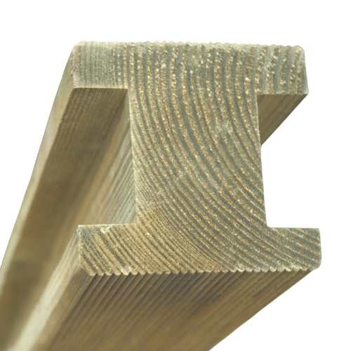 Load image into Gallery viewer, Close-up of a KDM Smooth Planed H Fence Post 4 x 4 (100mm x 100mm) with an I-beam shape, highlighting its grain texture and muted tanalised brown color. The woods pattern is visible across the top and sides against a plain white background.