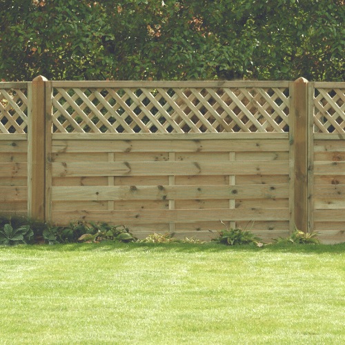Load image into Gallery viewer, A Horizontal Lattice European Fence Panel by KDM is placed in front of lush green foliage. These KDM panels enhance the well-maintained lawn, where the neatly trimmed grass complements their elegant appearance.