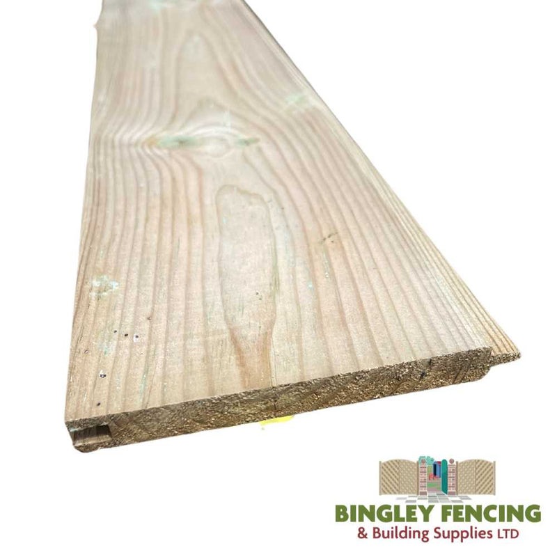 Load image into Gallery viewer, Close-up image of a Matchboard Cladding Board made from tongue-and-groove timber, highlighting its pressure-treated durability. The Bingley Fencing logo with a small illustration of stacked building materials is featured in the bottom right corner.