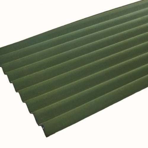 The Onduline Reduced Corrugated Composite Bitumen Roof Sheet in green, featuring regular ridges, is shown at an angle against a white background—ideal for shed roof repairs.