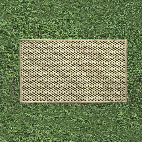 Load image into Gallery viewer, The KDM Trellis - Privacy Lattice - Rectangle 150 x 183cm - PL12, crafted from pressure-treated wood in a lattice pattern, lies centered on the vibrant green grass, contrasting its light color and combining elegance with durability.