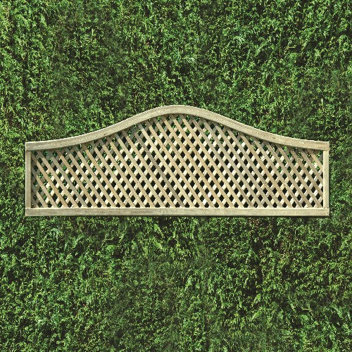 Load image into Gallery viewer, The Trellis by KDM, featuring a privacy lattice in an omega shape measuring 30cm x 183cm, is positioned against a lush green hedge, ideal for supporting climbing plants.