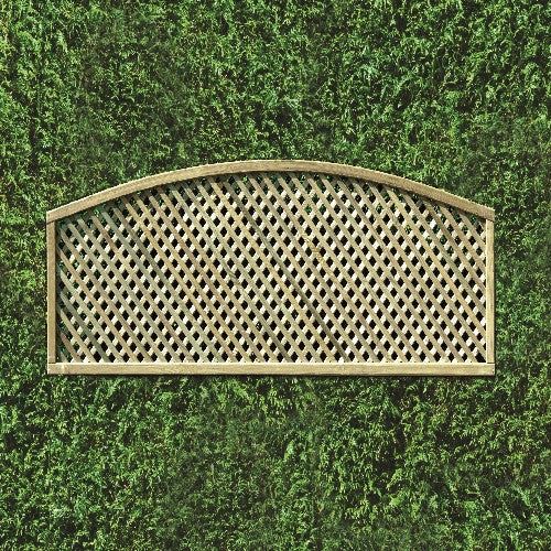 Load image into Gallery viewer, A KDM Trellis - Privacy Lattice Convex Shape (45cm x 183cm) is set against lush greenery, featuring a crisscross design framed by a simple border, creating a structured contrast with the natural surroundings.