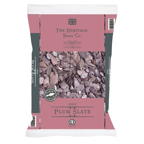 Load image into Gallery viewer, A 20kg bag of Plum Slate from The Heritage Stone Company, featuring 40mm decorative plum slate chips. The packaging displays a British flag logo and is ideal for enhancing your outdoor space.