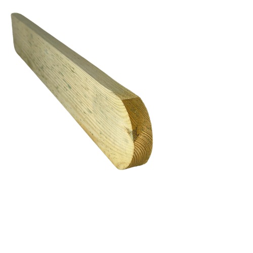 Load image into Gallery viewer, A Bingley Fencing Round Top Paling Board, featuring a smooth, rounded top edge, is displayed against a plain white background. With a natural wood finish that highlights its grain patterns, this board is reminiscent of the type used in traditional fence construction.