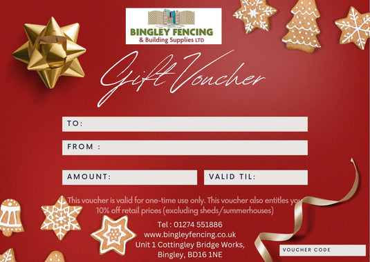 A vibrant Christmas Gift Voucher from Bingley Fencing, decorated in red with gold bows and stars. Featuring spaces for To, From, Amount, and Valid Until sections, it's an ideal present for the DIY enthusiast. The voucher also provides contact information along with a space for the voucher code.