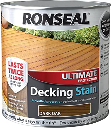 Load image into Gallery viewer, The Ronseal Decking Stain 2.5 Litre, available in various colors including Dark Oak, highlights the woodgrain-rich hue. The label displays a wooden deck and emphasizes twice the longevity, improved slip resistance, water protection, and outstanding color retention.