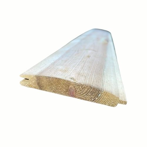 Load image into Gallery viewer, Close-up of a Bingley Fencing Loglap Cladding Board, featuring its slightly angled, tapered shape reminiscent of featheredge board. The wood displays a natural grain pattern and has a light, unfinished appearance that enhances the rustic log cabin style. The board is shown isolated against a white background.