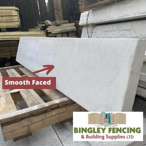 A Concrete Gravel Board labeled as Brick Faced is set on a wooden pallet. The Bingley Fencing logo is visible in the corner. Nearby, stacks of fence panels and additional concrete gravel boards are arranged, all designed with moisture prevention in mind.