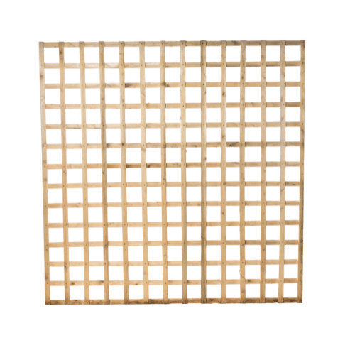 Load image into Gallery viewer, The Square Trellis Panel by Bingley Fencing showcases a symmetrical grid pattern with evenly spaced horizontal and vertical slats. Its natural wood color provides a rustic look, making it the perfect gardener's tool for any outdoor space.