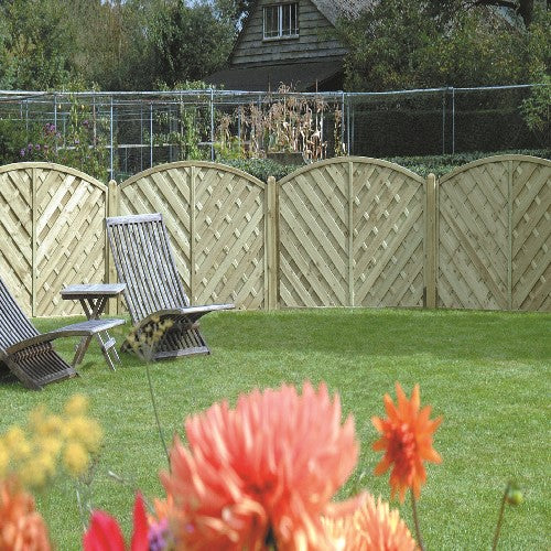 Load image into Gallery viewer, Wooden garden chairs and a table sit on a green lawn, surrounded by colorful flowers. In the background, a decorative V' Arched Solid European Fence Panel by KDM complements the scene, while the house adds charm to this picturesque setting.