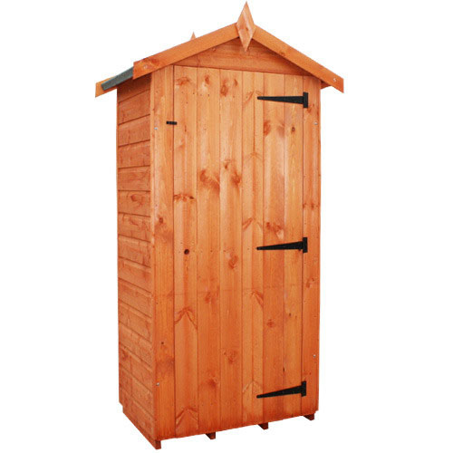 Load image into Gallery viewer, The Tall Tool Tower by Bingley Fencing is a compact outdoor utility shed featuring a pointed roof and two black metal hinges on the door. Its natural wood finish accentuates the grain, making it ideal for organizing garden supplies or storing tools.