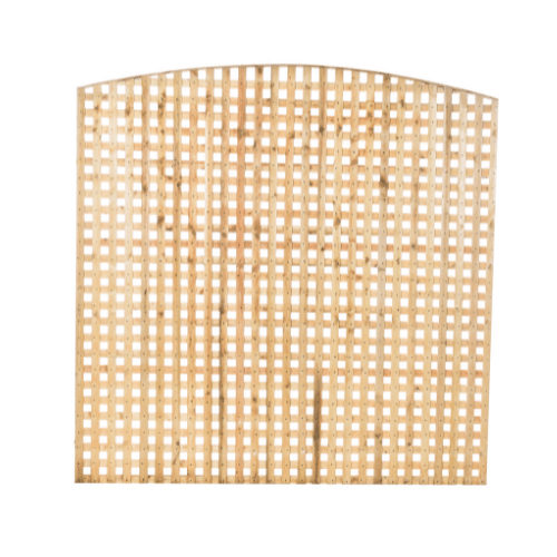 Load image into Gallery viewer, The Arched Chequerboard Trellis Panel by Bingley Fencing showcases a grid pattern with evenly spaced square openings and a gracefully curved top. Its light brown finish enhances the natural charm, making it perfect for supporting climbing plants in a serene setting.